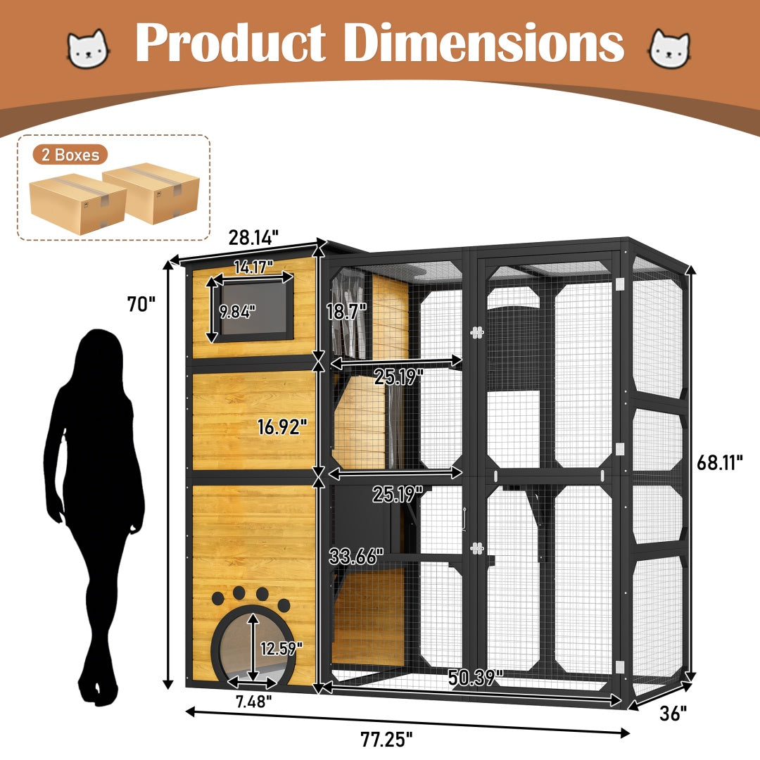 GO Large Cat Catio 4 Tiers Cat Enclosure For Outdoor, Cat House Weatherproof Attached To Window For Multiple Cats With Platforms And Resting Rooms, Brown