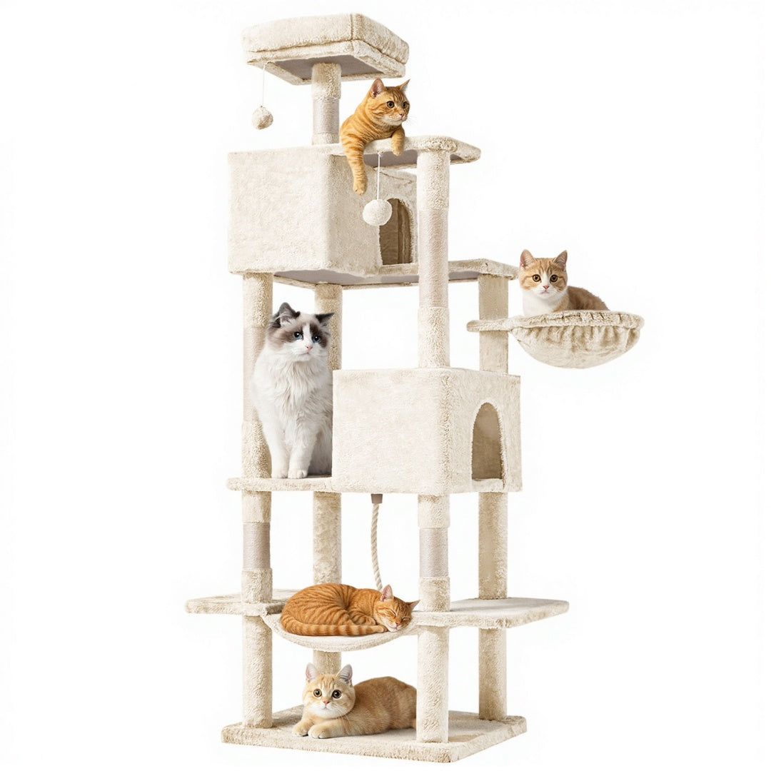 66 Inch Cat Tree Tower, Large Multi-Cat Climbing Extended Platform, Hammock, Pet House For Indoor Cats And Kittens Play