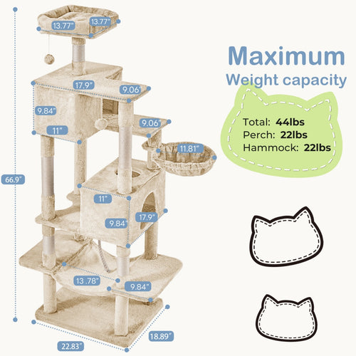 66 Inch Cat Tree Tower, Large Multi-Cat Climbing Extended Platform, Hammock, Pet House For Indoor Cats And Kittens Play