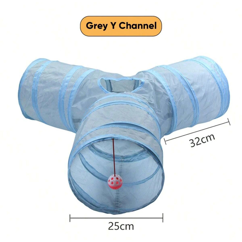 3-Way Foldable Cat Tunnel Toy (Gray) – Interactive Tube with Peek Holes