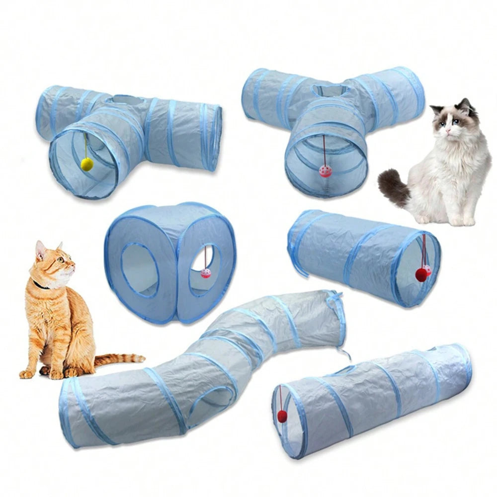 3-Way Foldable Cat Tunnel Toy (Gray) – Interactive Tube with Peek Holes