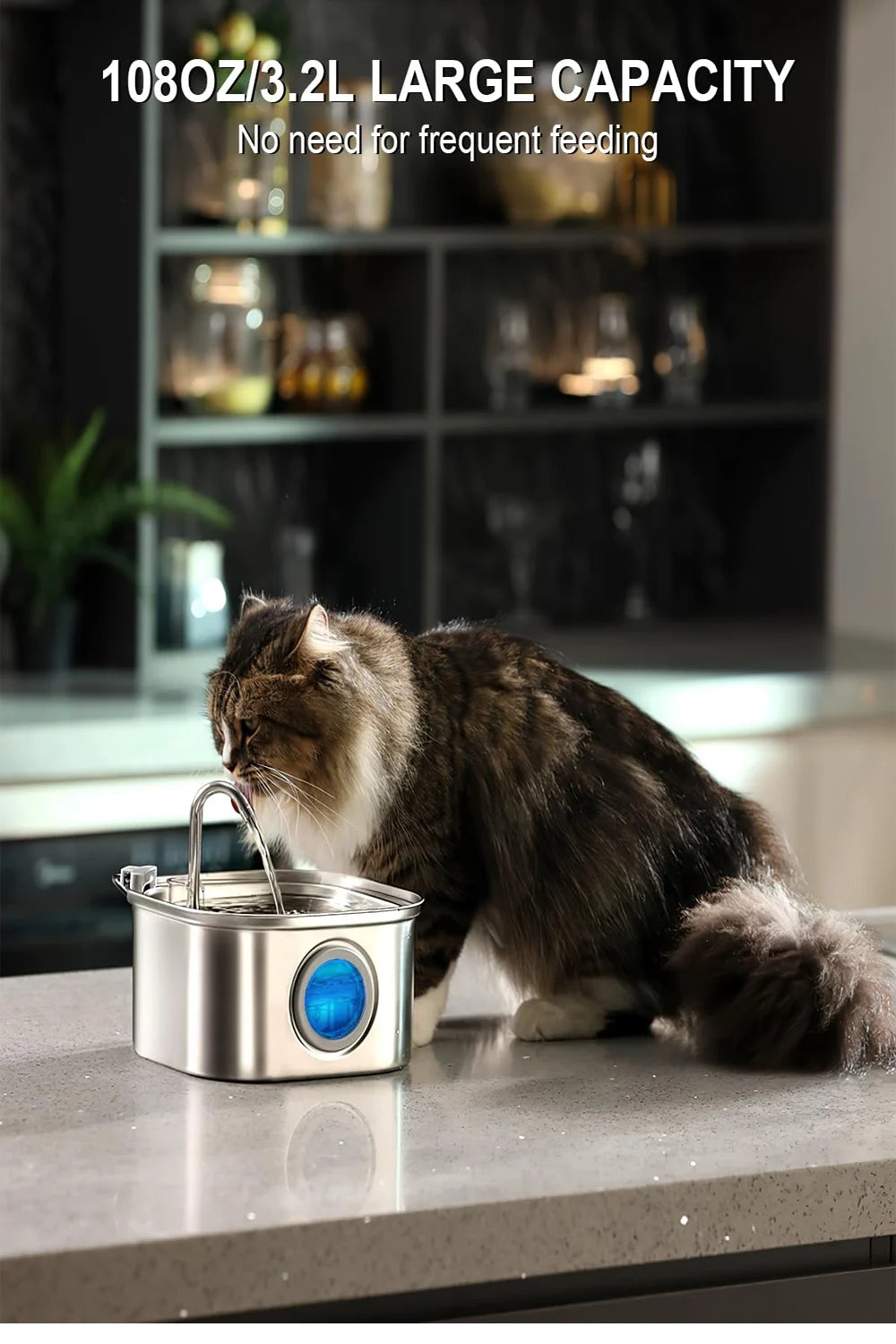 3.2L Stainless Steel Pet Water Fountain – Automatic Cat & Dog Water Dispenser with Viewing Window