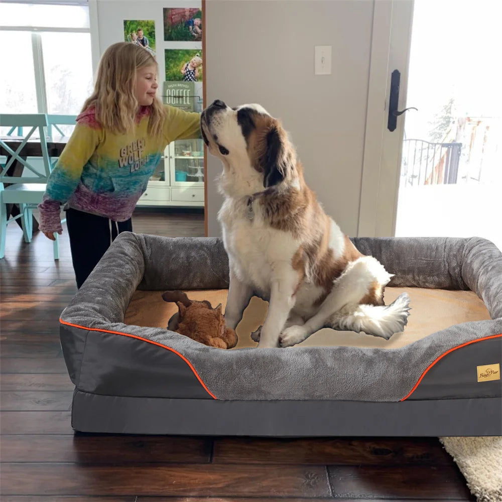 Jumbo Orthopedic Memory Foam Dog Bed Sofa – Waterproof, Bolster Sides, Removable Washable Cover