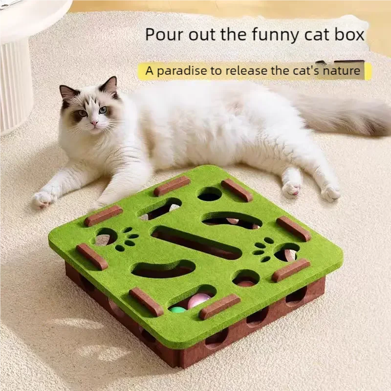 Felt Cat Puzzle Box Toy with Ball – Interactive Indoor Hunting & Exercise Game