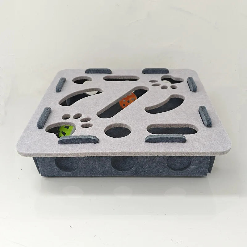 Felt Cat Puzzle Box Toy with Ball – Interactive Indoor Hunting & Exercise Game