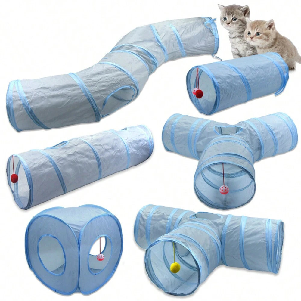 3-Way Foldable Cat Tunnel Toy (Gray) – Interactive Tube with Peek Holes