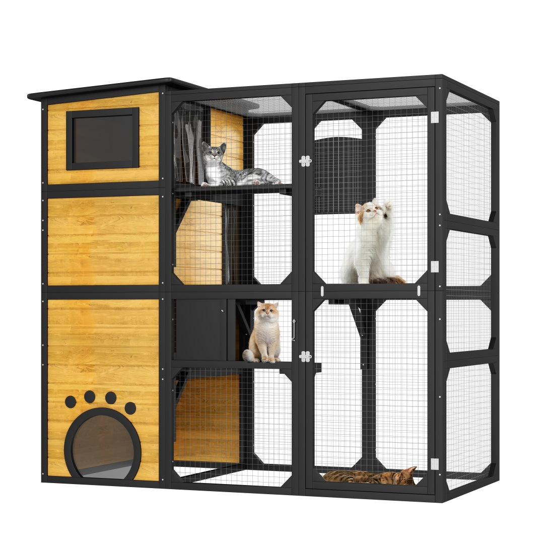 GO Large Cat Catio 4 Tiers Cat Enclosure For Outdoor, Cat House Weatherproof Attached To Window For Multiple Cats With Platforms And Resting Rooms, Brown